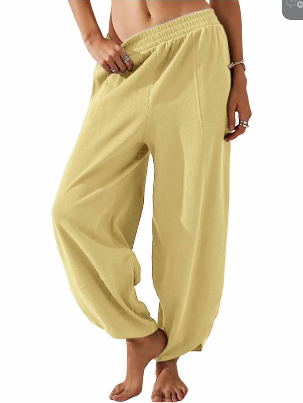 Relaxed Elastic-Waist Linen-Blend Pants in Yellow